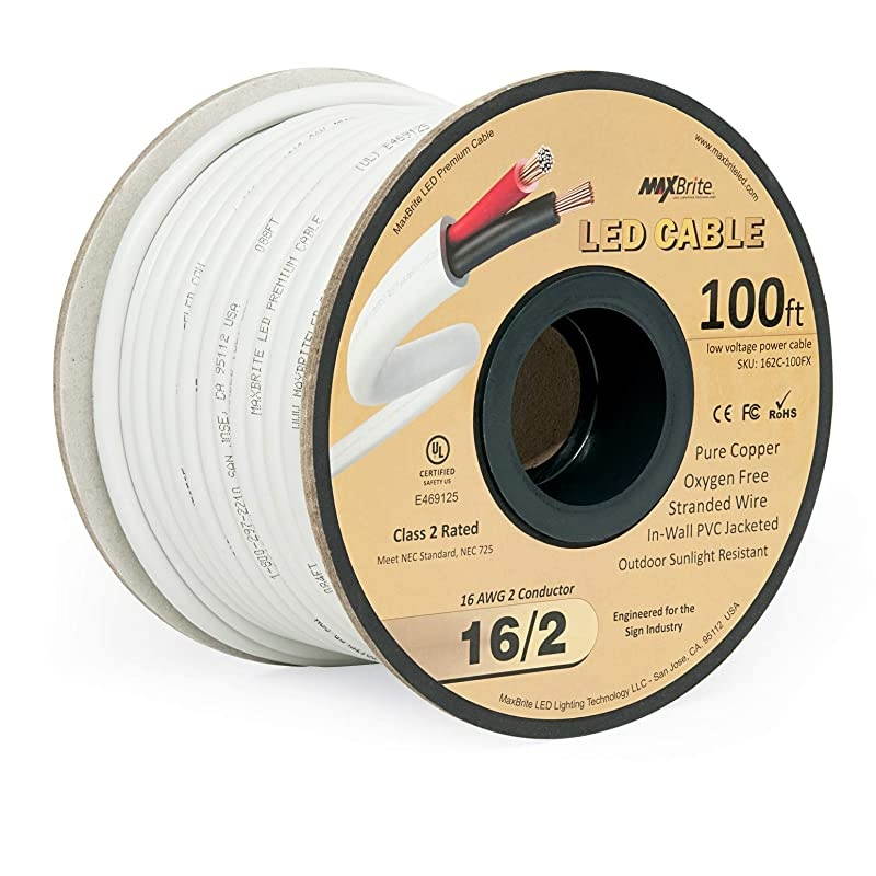ft 16AWG Low Voltage LED Cable 2 Conductor Jacketed inWall Speaker Wire UL Class 2 Certified Sunlight Resistant