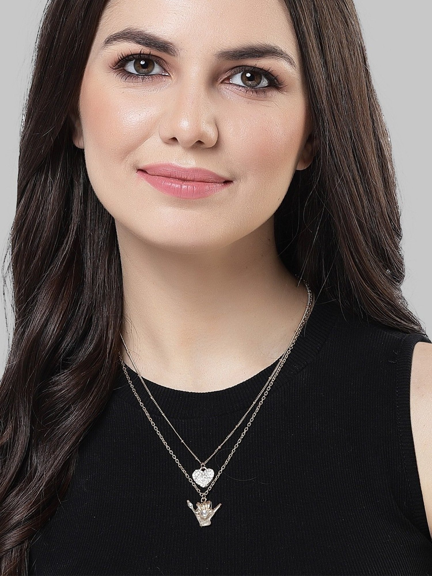 Karatcart Golden Heart and Hand Multicharm Multilayered Chain Women