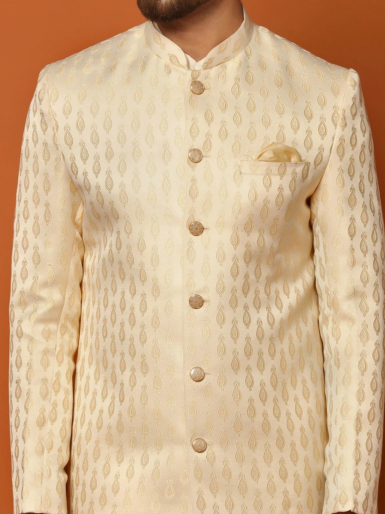 Kisah Beige & White Regular Fit Jacquard Sherwani Set