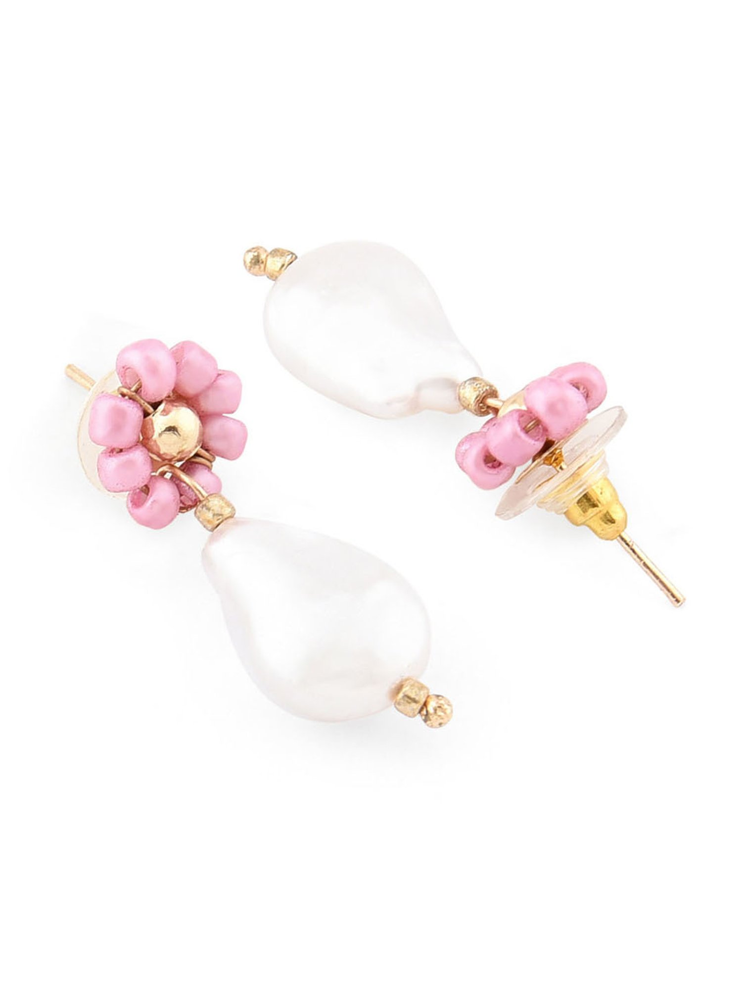 ToniQ Pink White Pearl Beaded Floral Drop Earrings for Women