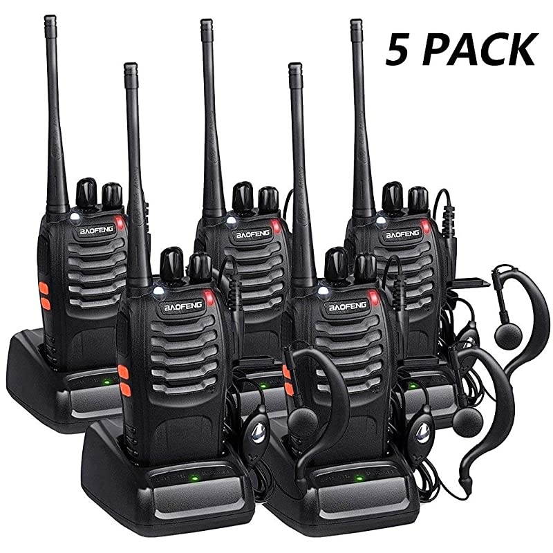 Long Range Walkie Talkies 5 Pack Two Way Radios with Earpiece FRSGMRS UHF Handheld Reachargeble BF888s Walkie Talkie for Adults or Kids Liion Battery and Charger Included