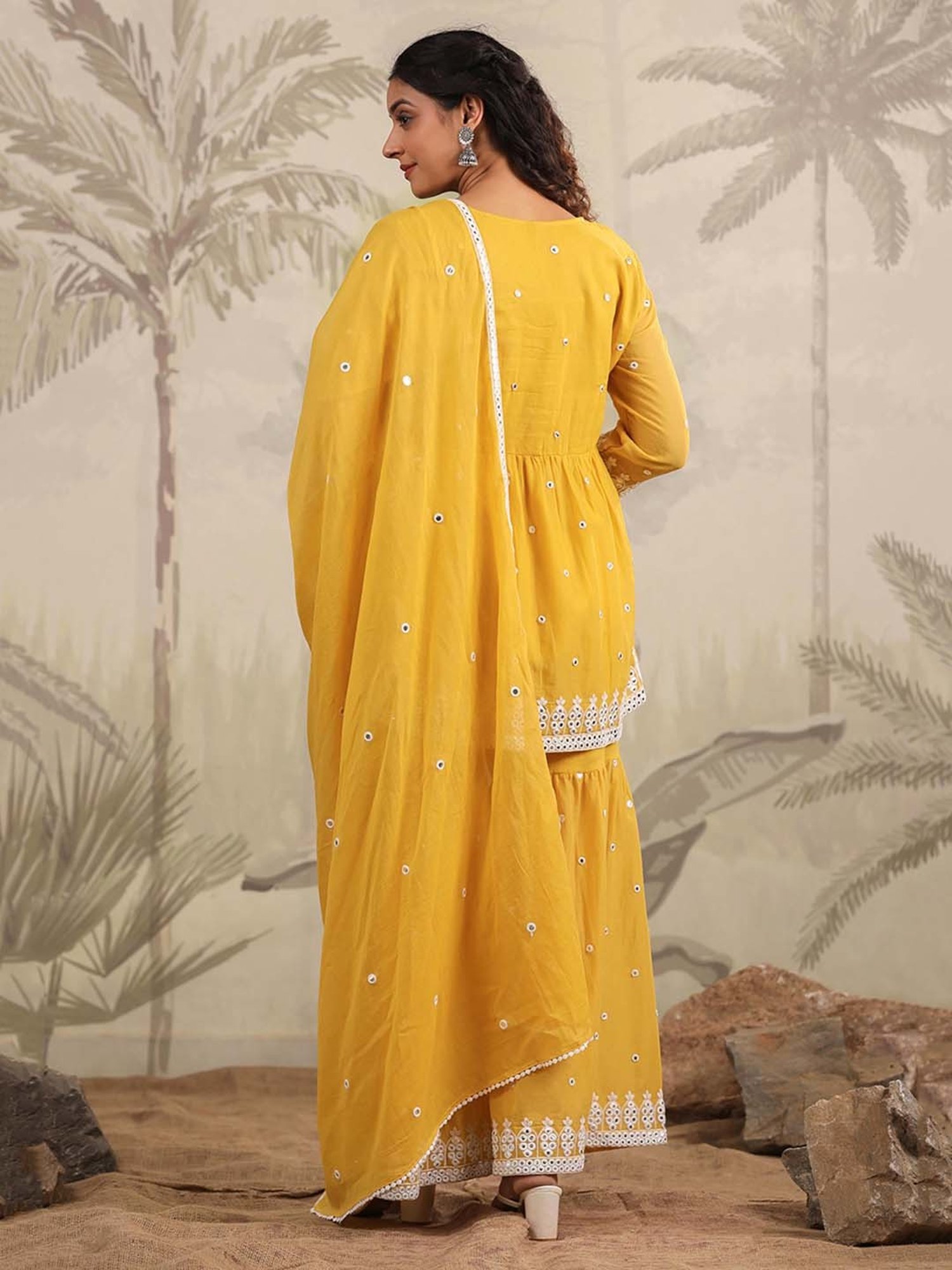 SCAKHI Yellow Embroidered Kurta With Sharara & Dupatta
