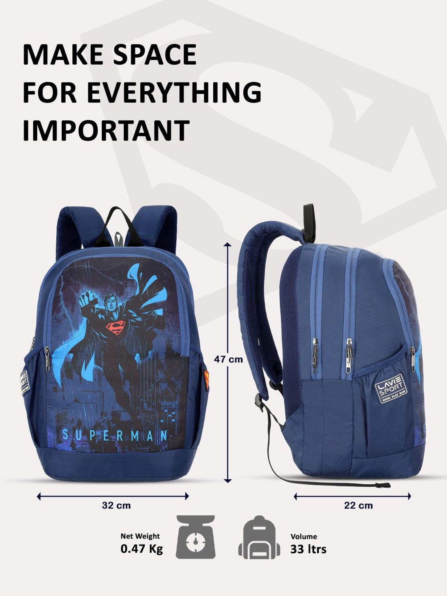 Lavie Sport Superman 33L College Laptop Backpack For Boys & Girls (Navy)