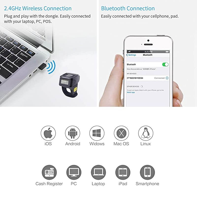 Portable 1D Laser Bluetooth Barcode ScannerHandheld Mini Wearable Ring Wireless Barcode Reader for WindowsAndroidiOSMac