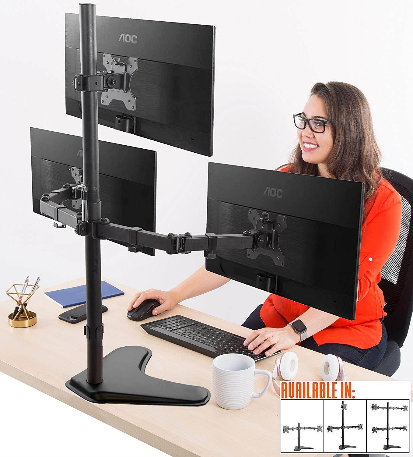 stand steady freestanding 3 monitor desk mount stand | height adjustable triple monitor stand with full articulation | vesa mount fits most lcd/led monitors 1332 inches 3 arm free standing