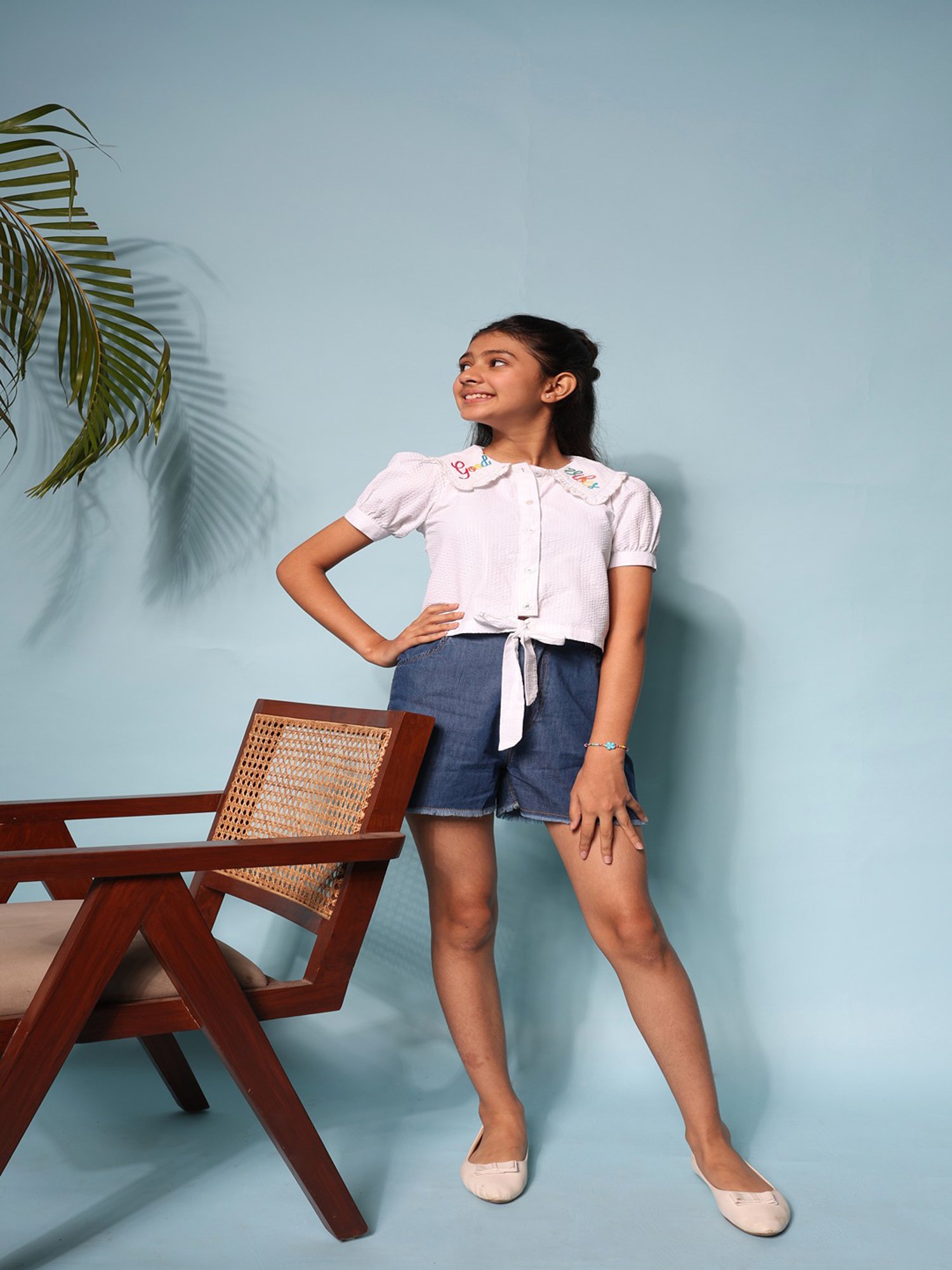 Budding Bees Kids White & Blue Solid Top with Shorts