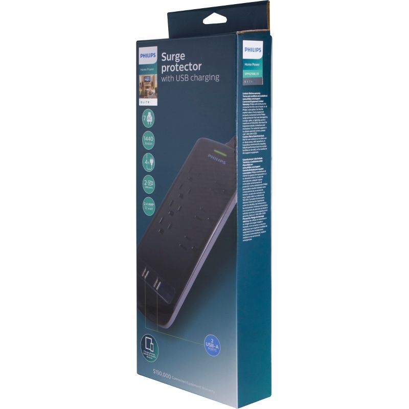 Philips 7-Outlet 2 USB Port Surge Protector with 4ft Extension Cord, Black