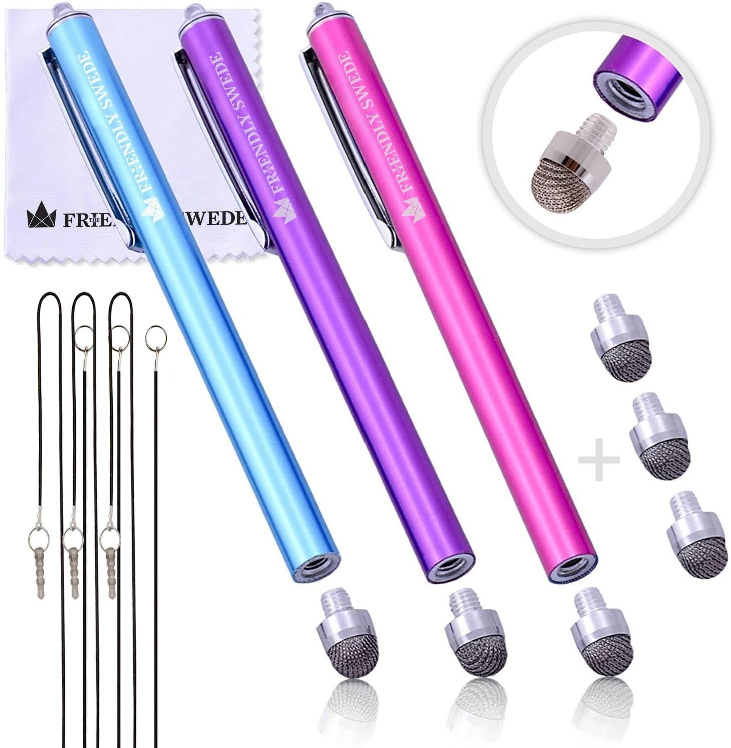 Stylus Pen Replaceable Micro-Knit Mesh Tip - Capacitive Touchscreen Stylus Tablet Styli with Lanyards Touch Screen Cleaning Cloth and Replacement Tips (3 Pack)