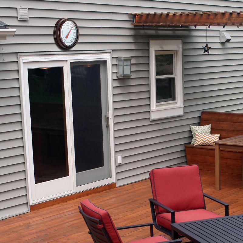 Infinity Instruments 12-Inch Round Analog Outdoor Patio Thermometer with Easy Keyhole Hanging Design, Arbol Brown