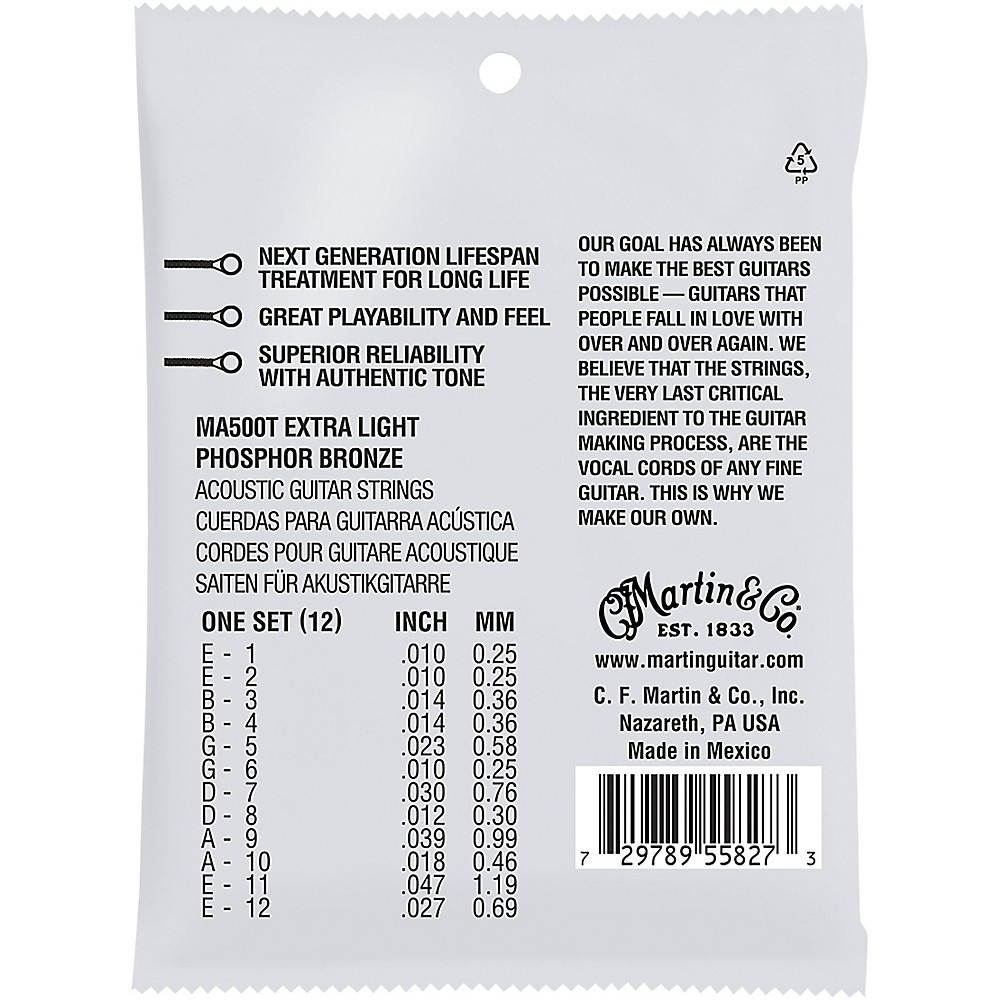 Martin MA500T Lifespan 2.0 12-String Phosphor Bronze Extra-Light Authentic Acoustic Guitar Strings