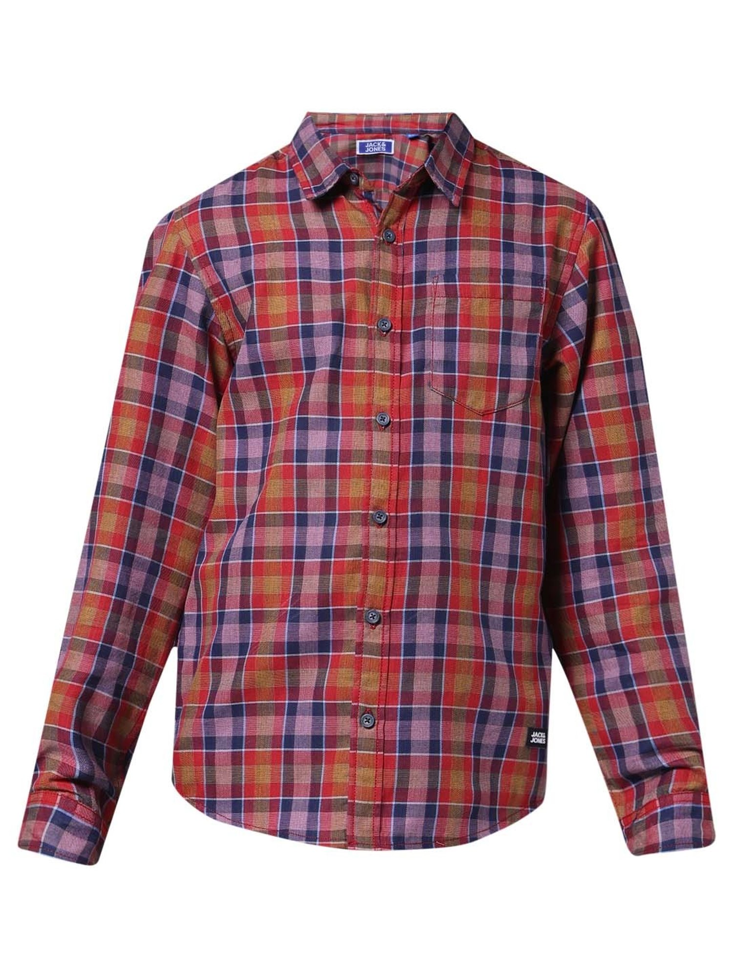 Jack & Jones Junior Red & Lilac Cotton Chequered Full Sleeves Shirt
