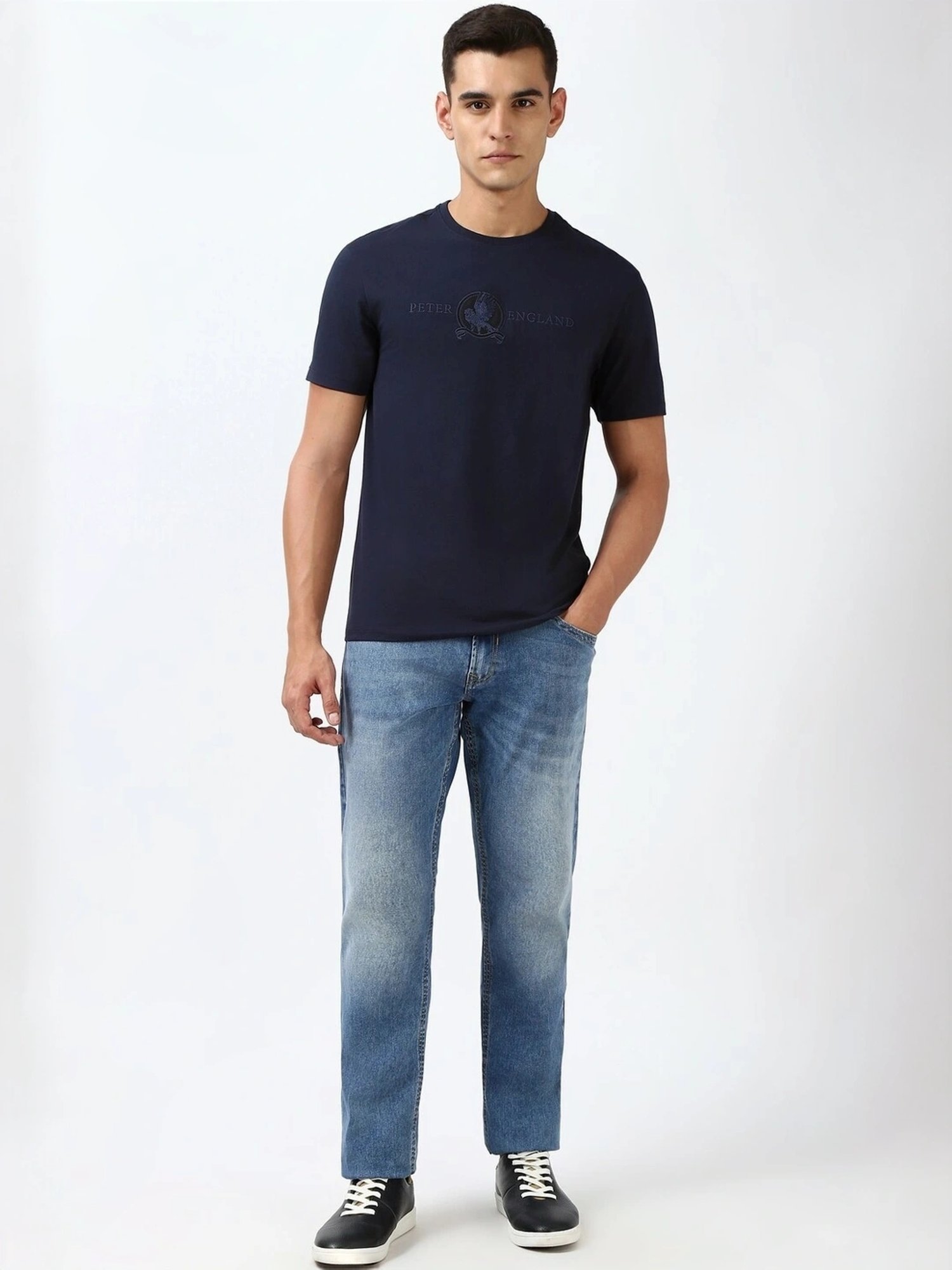 Peter England Navy Regular Fit Embroidered T-Shirt