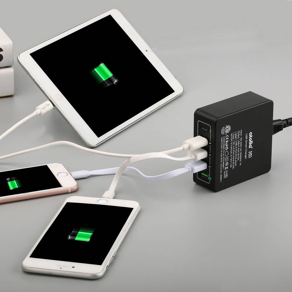 Atolla USB Charger Fast Charger USB Charging Station 40W, 3 Ports USB 3.0 Charge 2.4A + USB C Type-c AC Power Charger and QC 3.0 Power Delivery