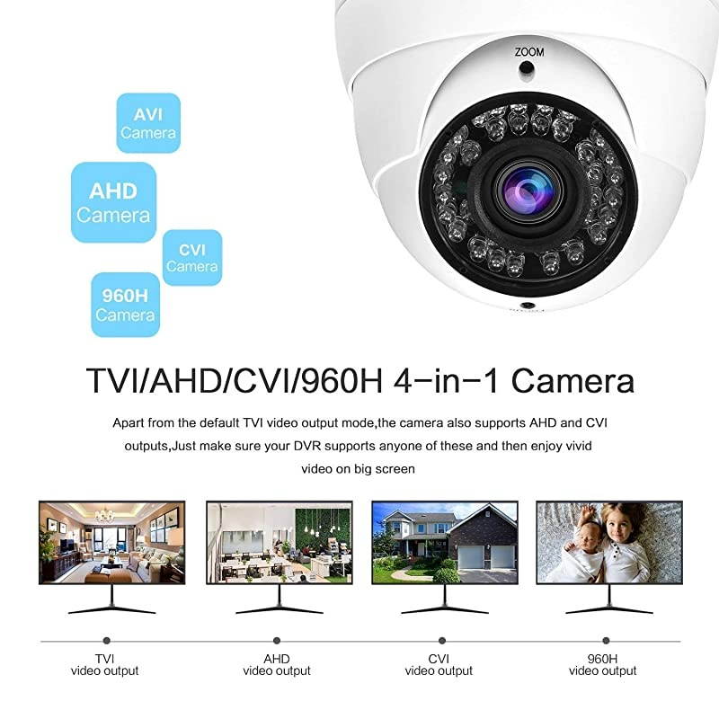 2MP CCTV Camera HD 1080P 4-in-1 (TVI/AHD/CVI/960H CVBS) Security Dome Camera, 2.8-12mm Varifocal Lens Analog Video Surveillance, Wide Angle Viewing Day & Night Indoor Outdoor Waterproof (White)