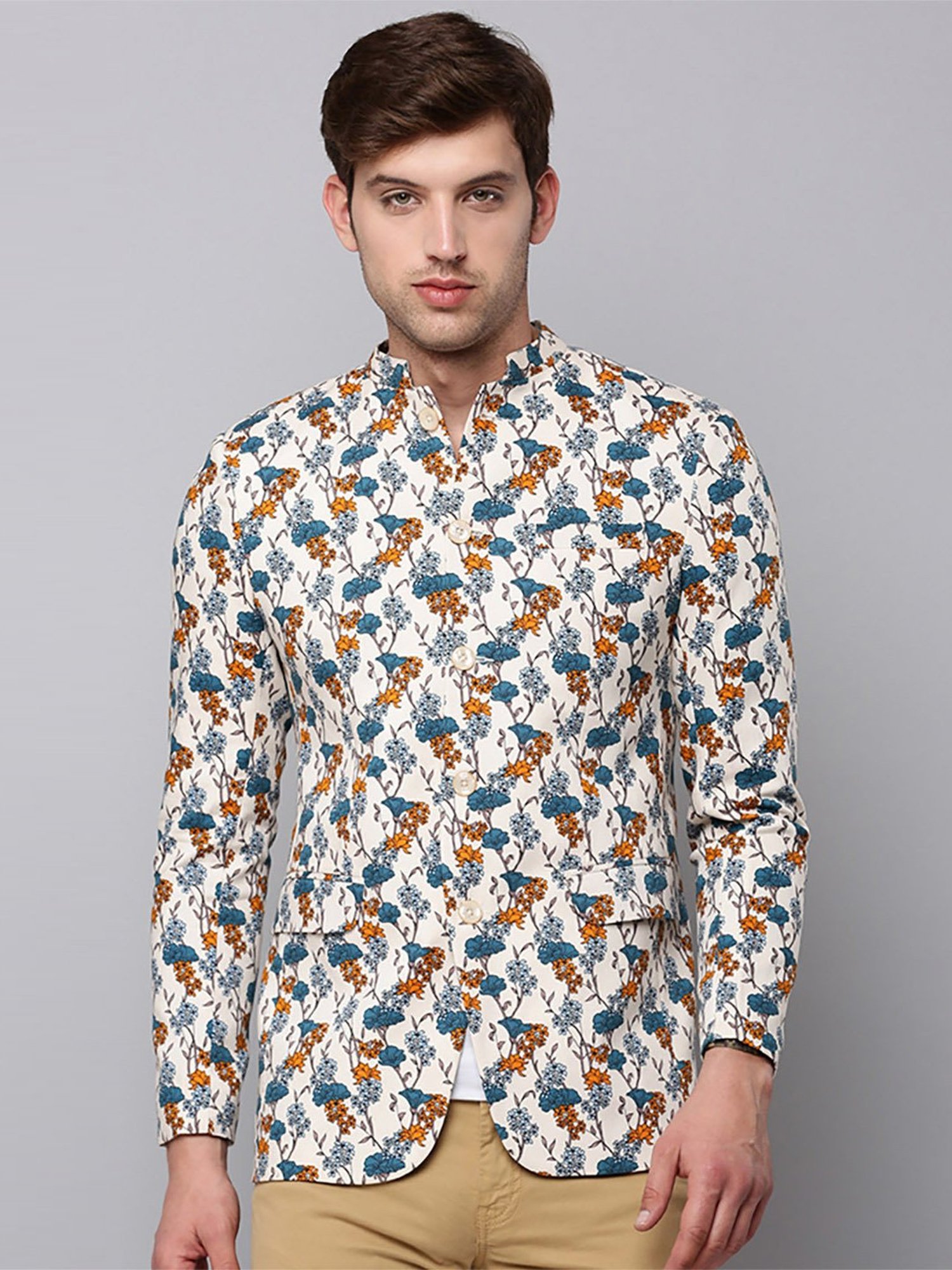 SHOWOFF White Cotton Slim Fit Floral Print Blazer