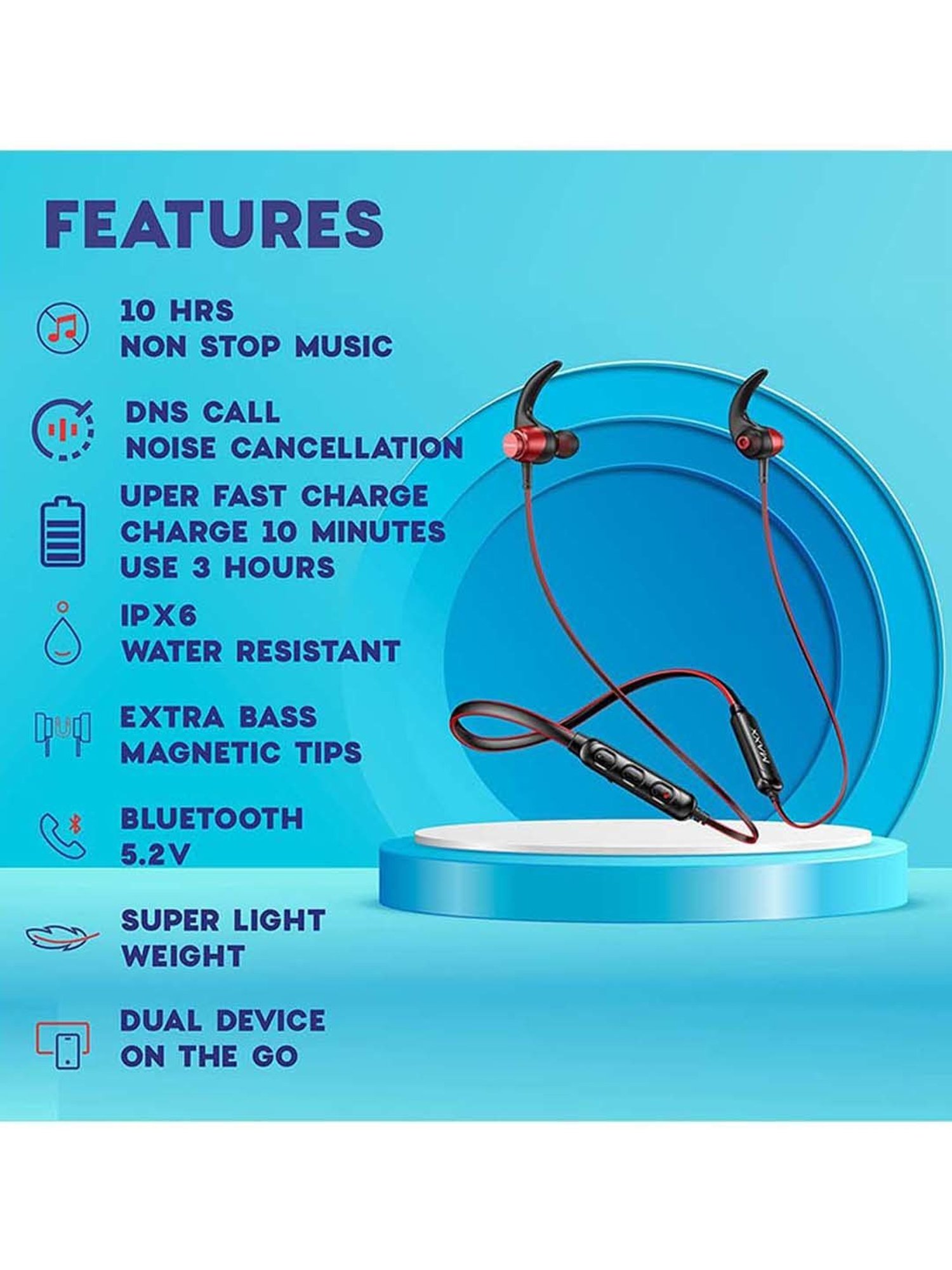 Maxx NX6 Wireless Neckband with Noise Cancellation (Black/Red)