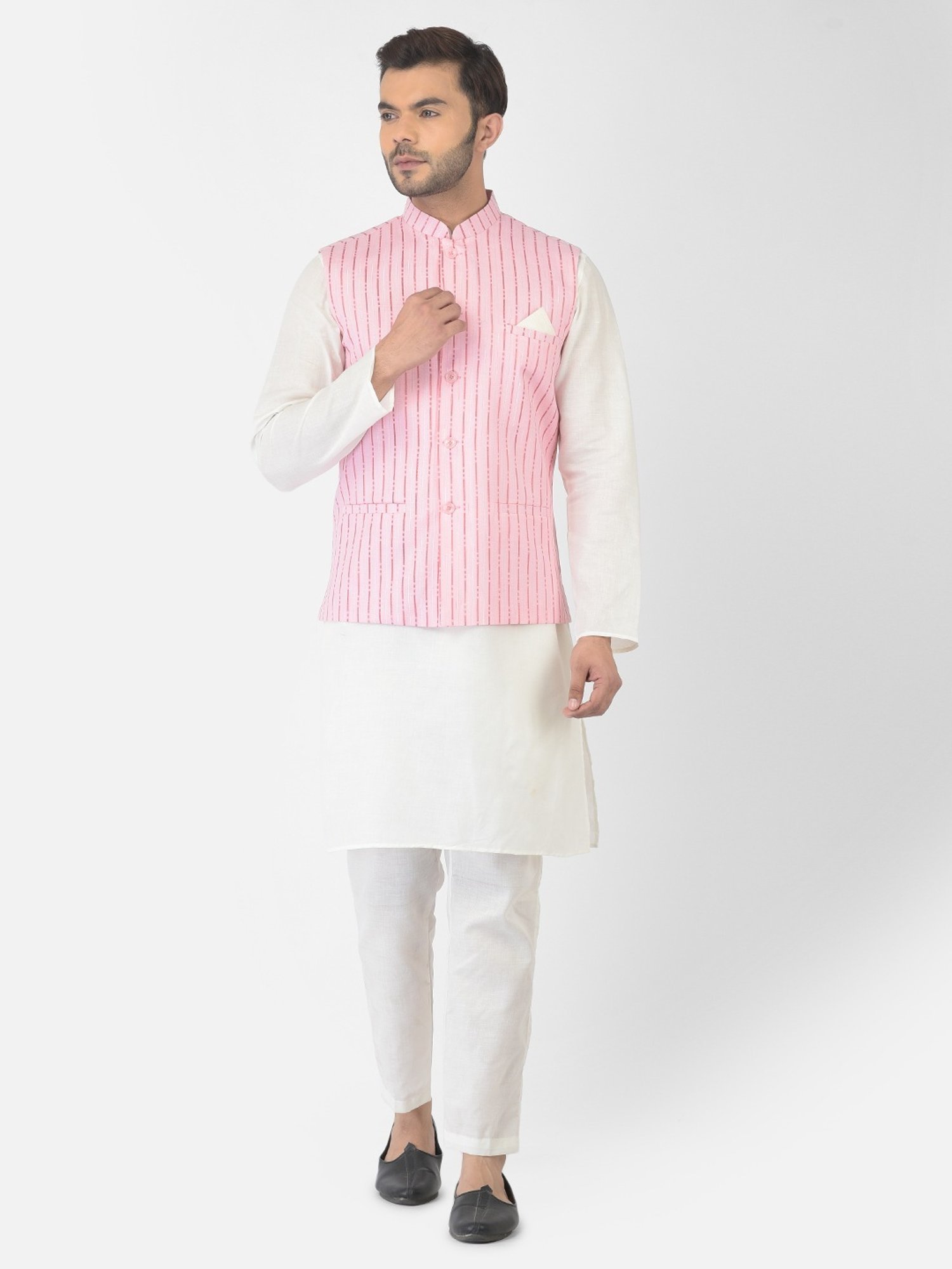 Deyann White & Pink Cotton Regular Fit Striped Kurta Set With Jacket