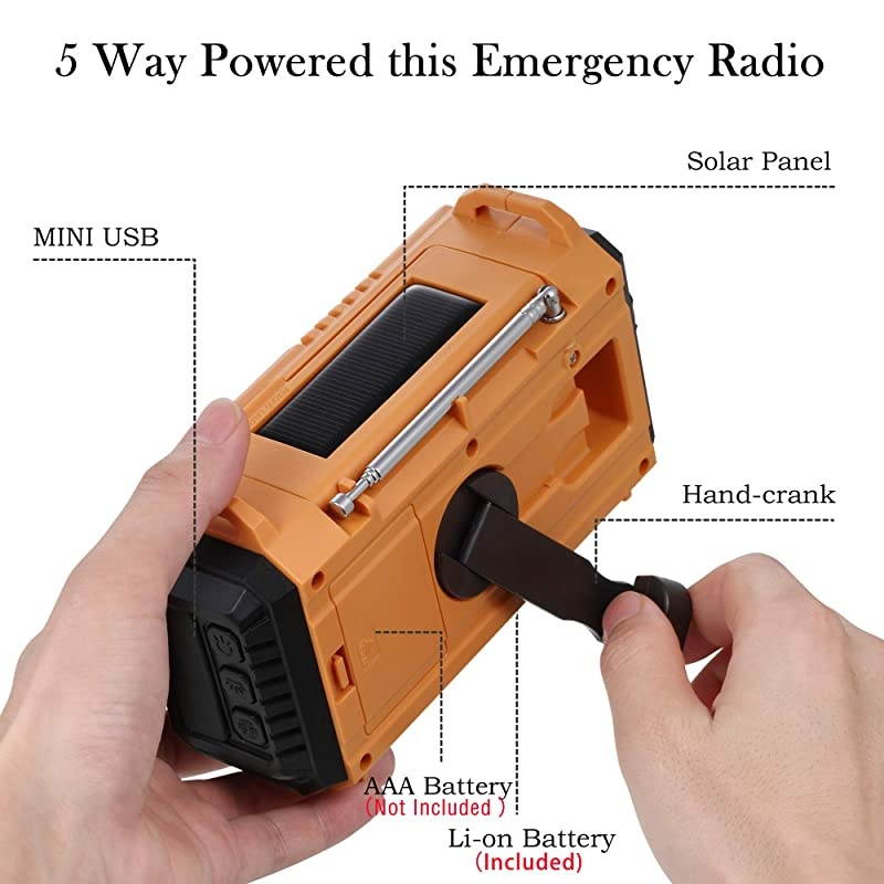 Weather Radio for Household Outdoor Emergency Portable AMFM SW Radio 5 Way Powered SolarHand Crank2000mAh Rechargeable Power BankUSB Charger LED Flashlight Reading Lamp Compass Strap