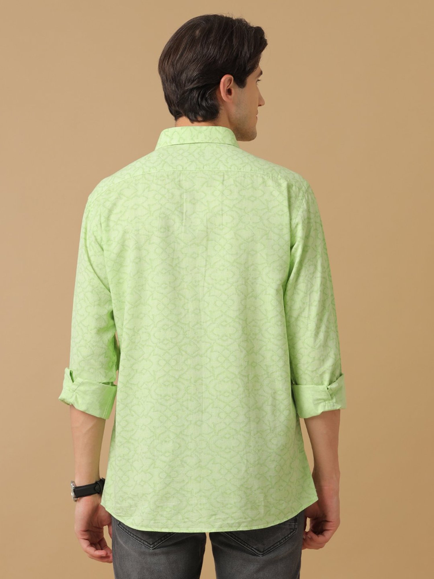 CAVALLO by Linen Club Green Contemporary Fit Printed Shirt