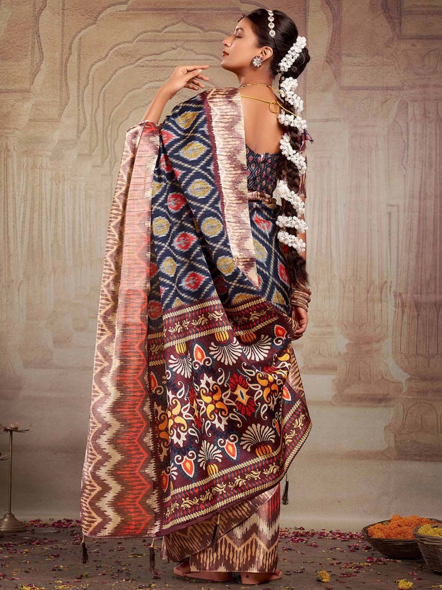 Saree Mall Navy Printed Saree With Unstitched Blouse