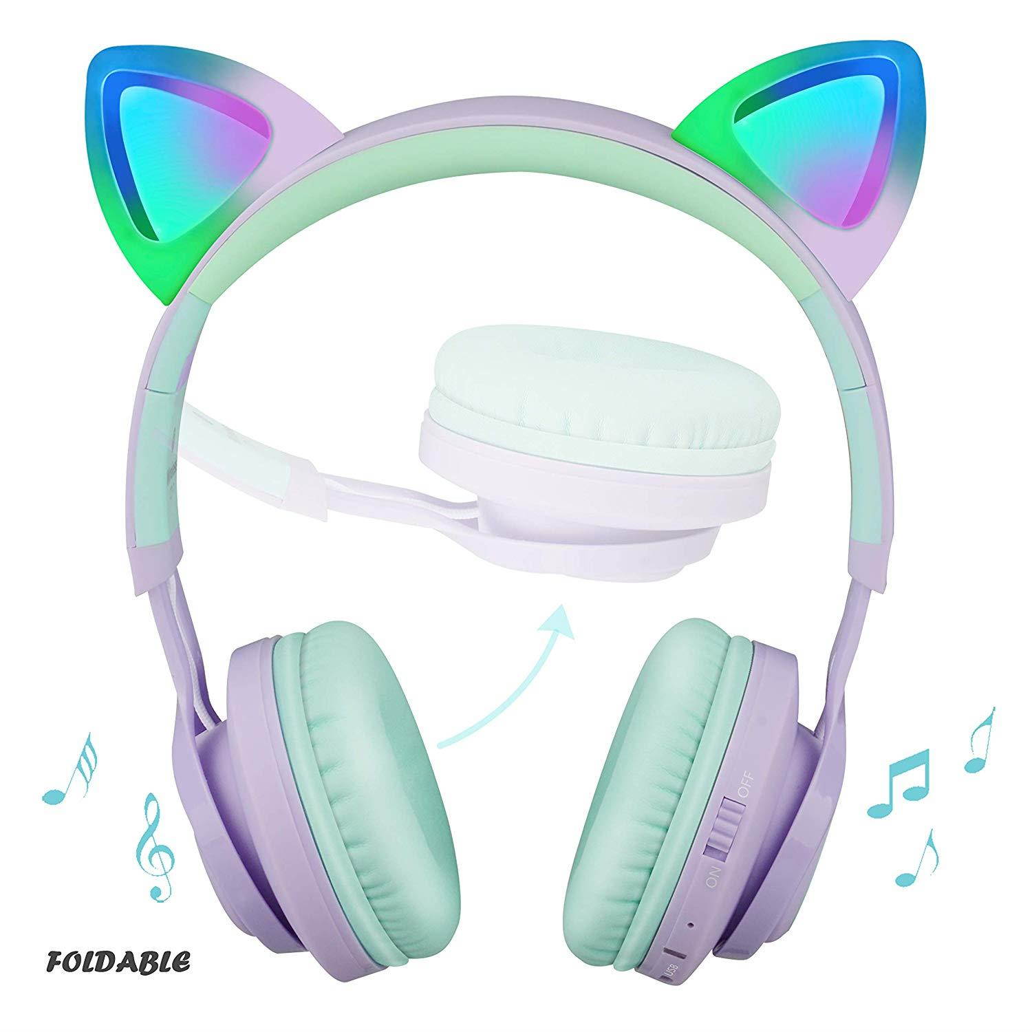 Kids Headphones, Riwbox CT-7S Cat Ear Bluetooth Headphones 85dB Volume Limiting,LED Light Up Kids Wireless Headphones Over Ear with Microphone for iPhone/iPad/Kindle/Laptop/PC/TV (Purple&Green)