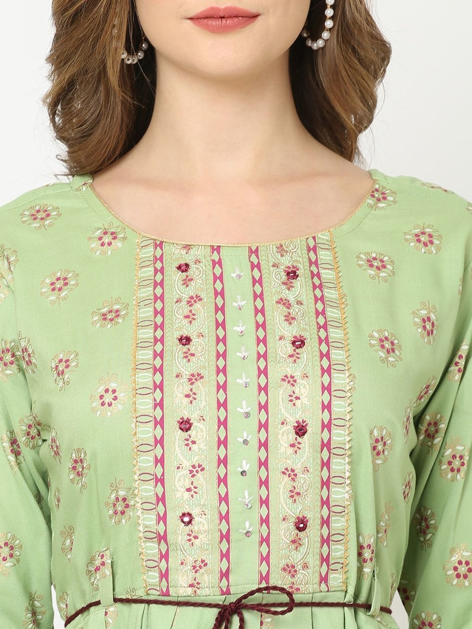 KIANA Green Printed A-Line Dress