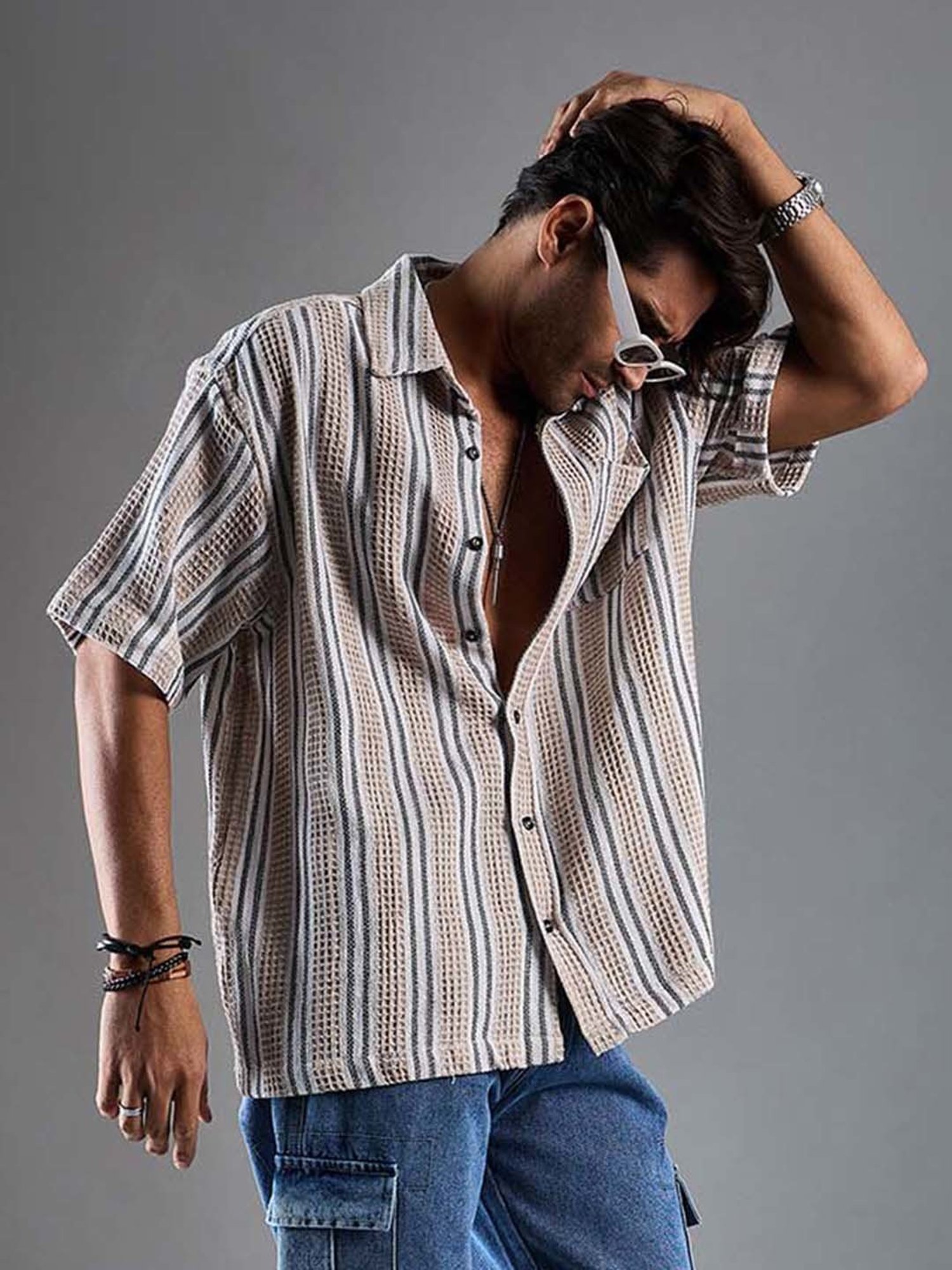 CHIMPAAANZEE Beige & White Loose Fit Striped Oversized Shirt