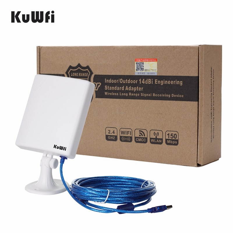 KuWFi Long Range Outdoor WiFi Netwok Adapter, High Gain 14dBi Antenna 5M Cable Wireless USB Adapter stable signal from outdoor