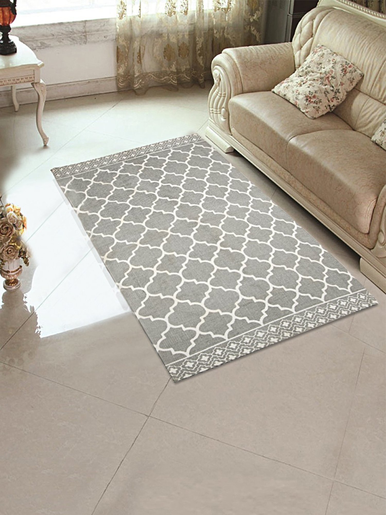 SWHF Grey Cotton Printed Floor Rug - Extra Large