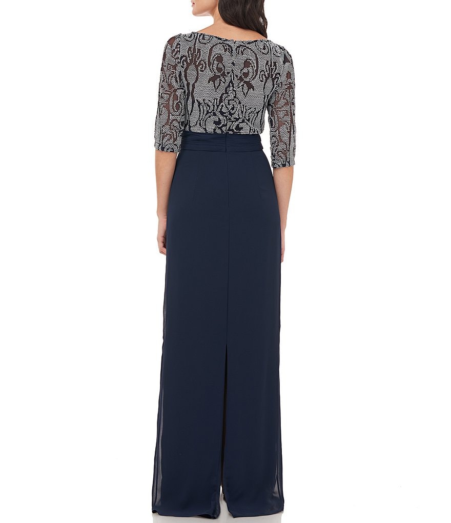 JS Collections Boat Neck Short Sleeve Embroidered Long Gown