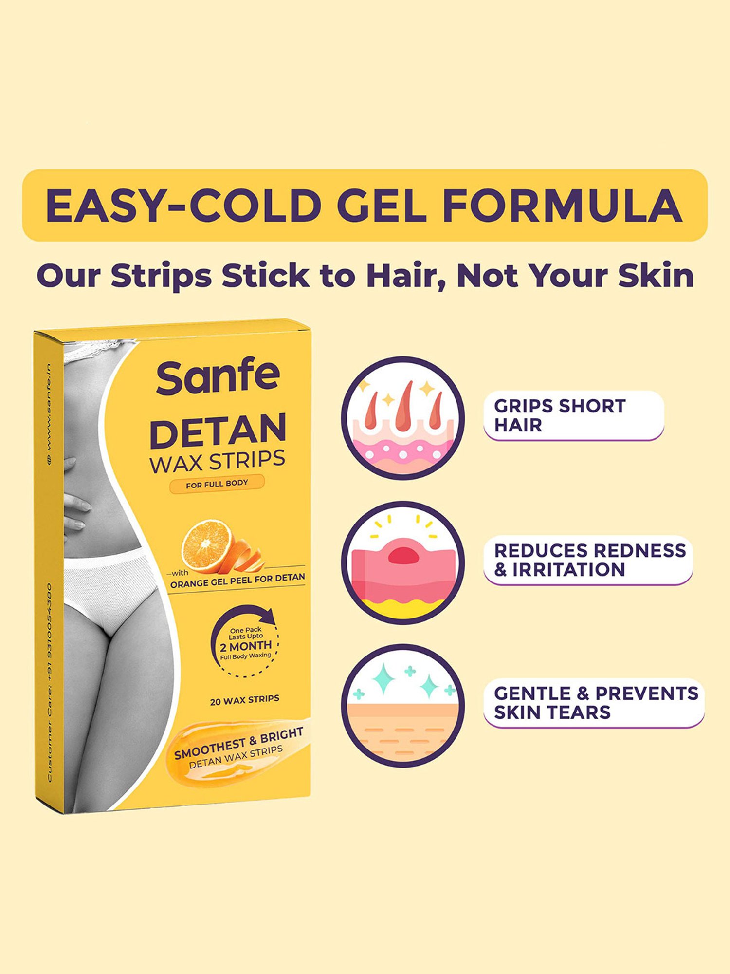 Sanfe Detan Wax Strips with Orange Gel Peel for Women - 20 Strips