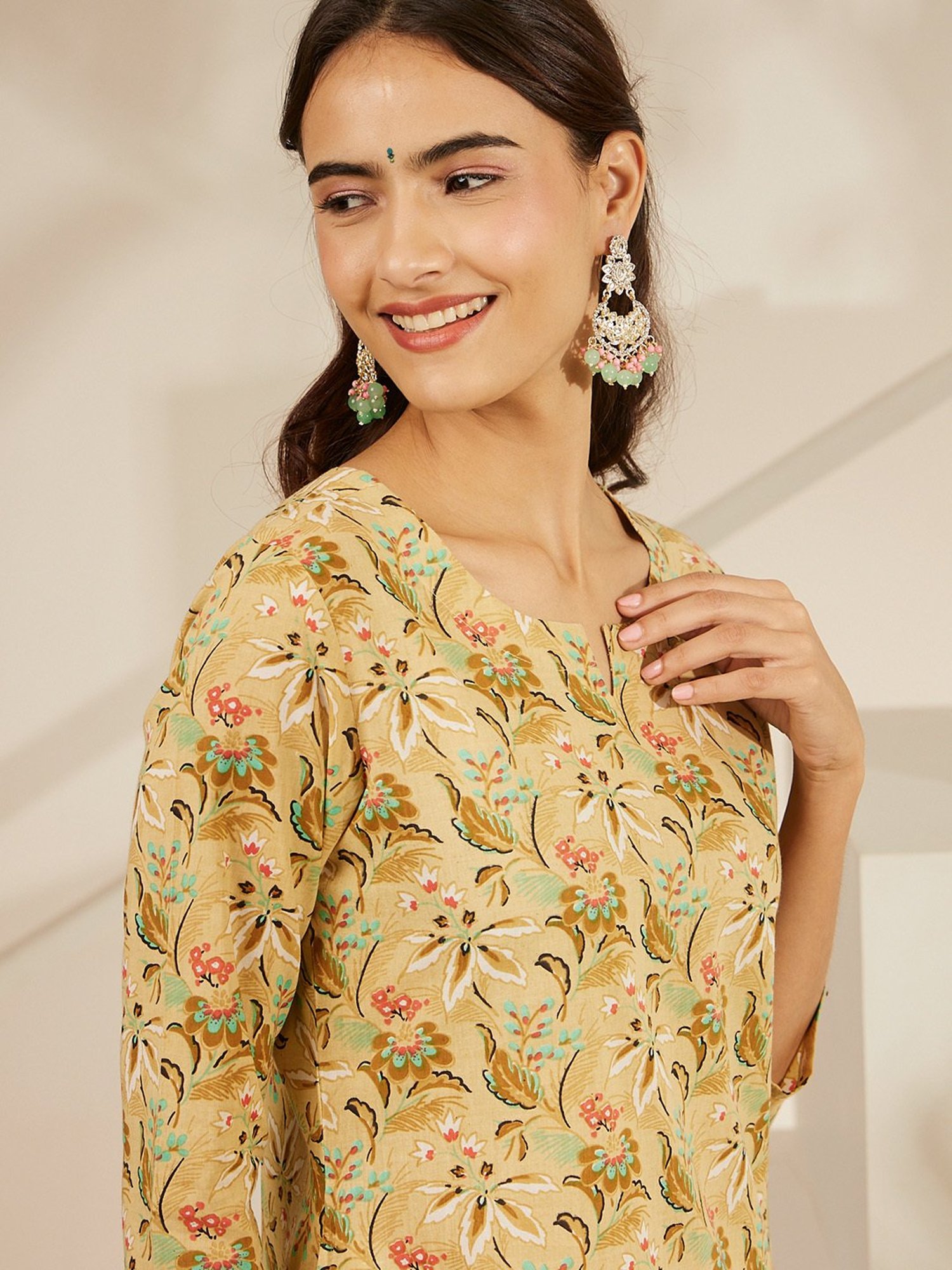 Daali Beige Cambric Basics Round Neck 3/4 Sleeves Kurta with Two Pockets