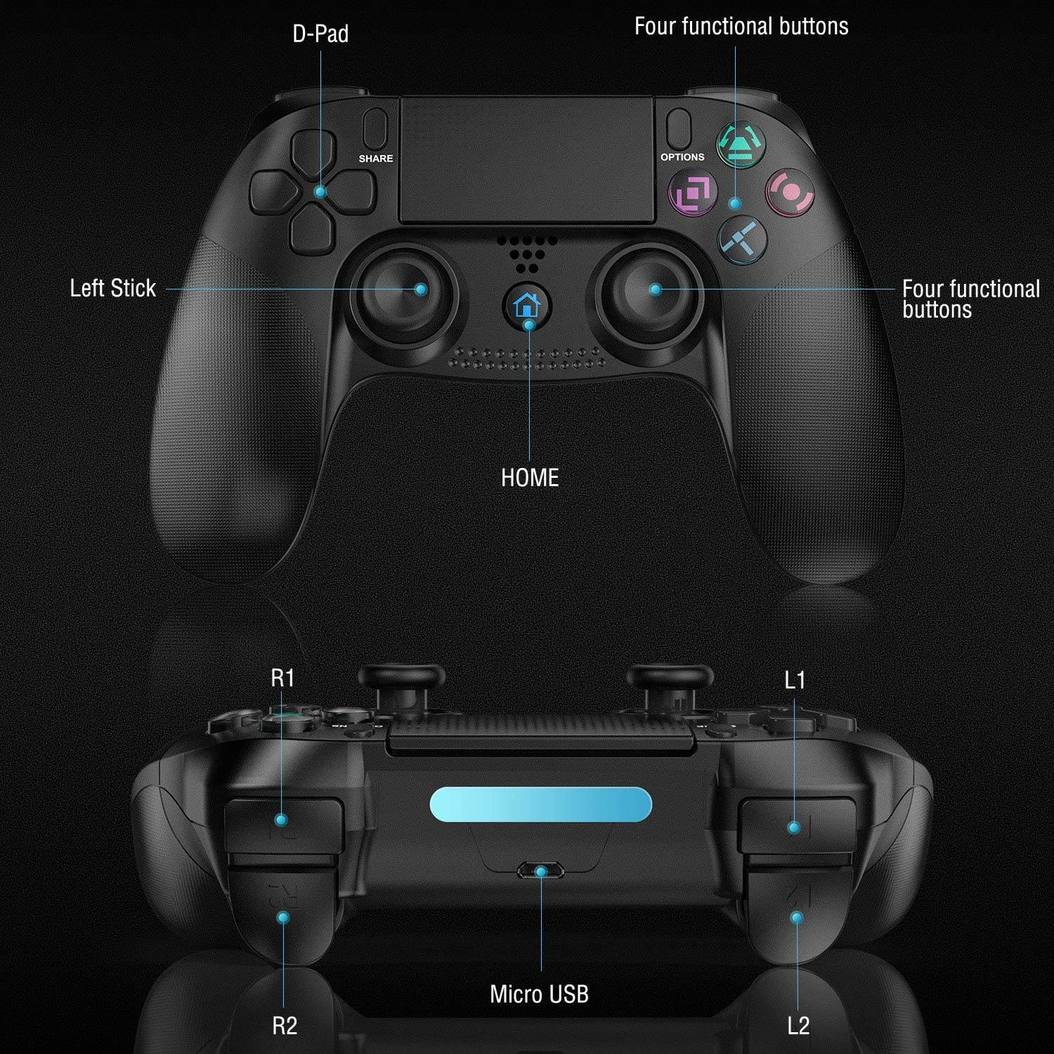 Controller for PS4,  Wireless Controller for Playstation 4/PS4 Pro/Slim, with Dual Vibration, Speaker & Stereo Headset Jack, Touch Pad & Six-axis Motion Control, Functional LED Indicator