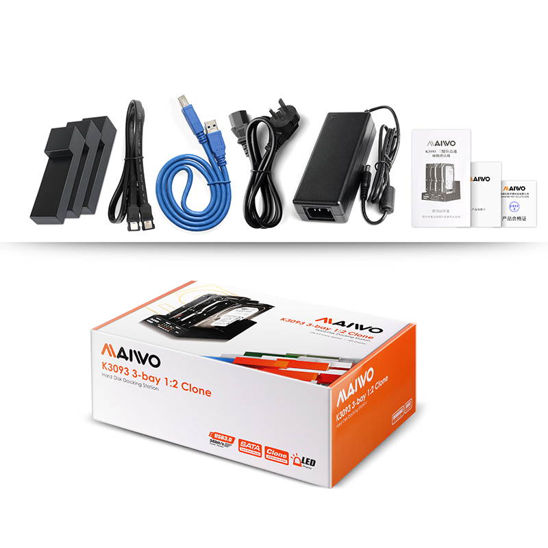 K3093 1:2 Usb3.0 Clone Docking Station
Three Bay Docking Station,Usb3.0&Esata To 3Sata
Support Clone From A To B&C 
With 5A Power Adapter,Support Clone From A To B&C