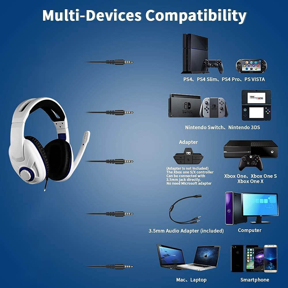 FnOoR Gaming Headset for PS5, Nintendo Switch, Unique Mic On-Off and Volume Control, with Noise Canceling Microphone Gaming Headset for PS5, PS4, PC and Mobile, 0.55lb Lightweight, White