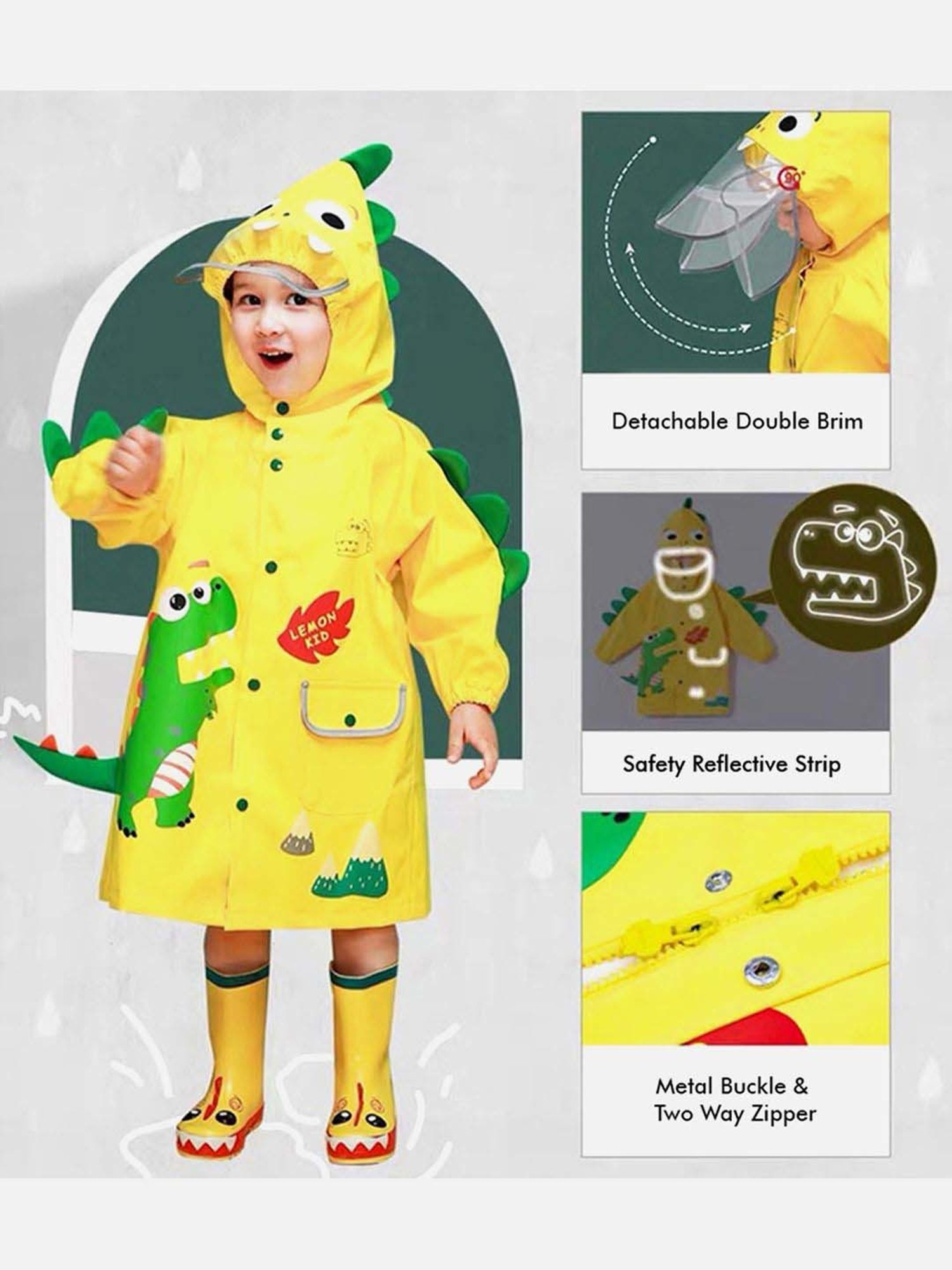 Little Surprise Box Kids Yellow & Green Printed Full Sleeves Raincoat