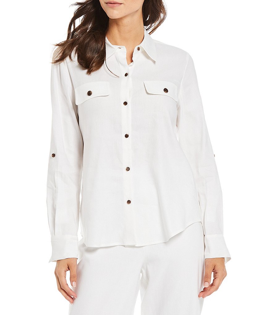 Preston & York Sam Stretch Linen Blend Button Down Long Sleeve Top