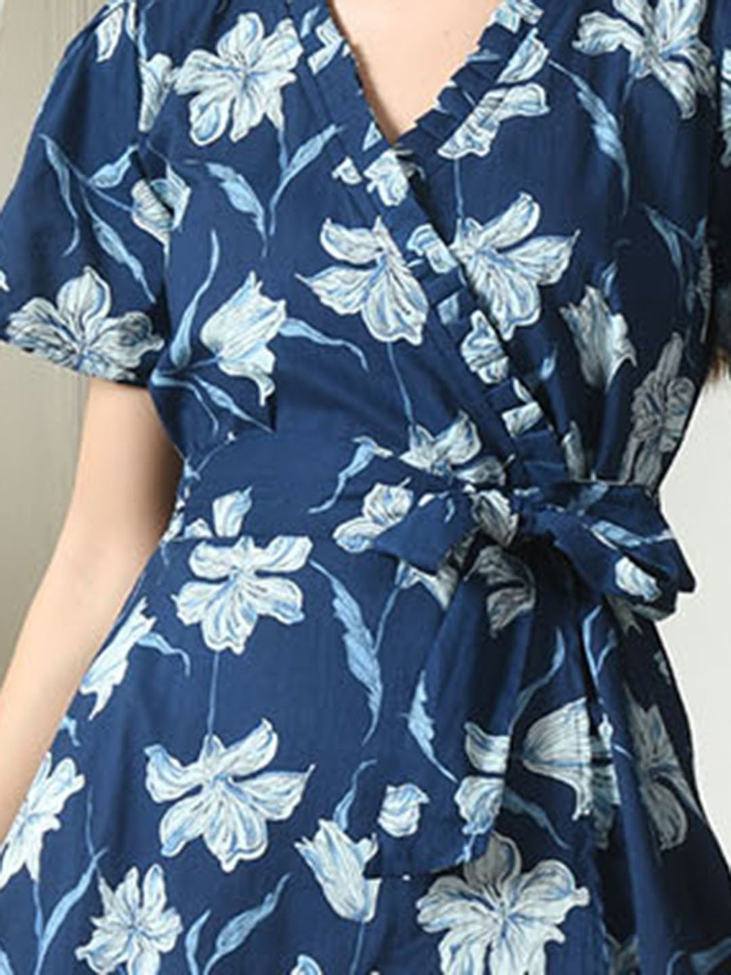 DECKEDUP Indigo Cotton Floral Print Wrap Dress