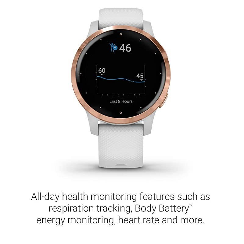 010-02172-21 Vivoactive 4S, Smaller-Sized GPS Smartwatch, Features Music, Body Energy Monitoring, Animated Workouts, Pulse Ox Sensors, Rose Gold with White Band
