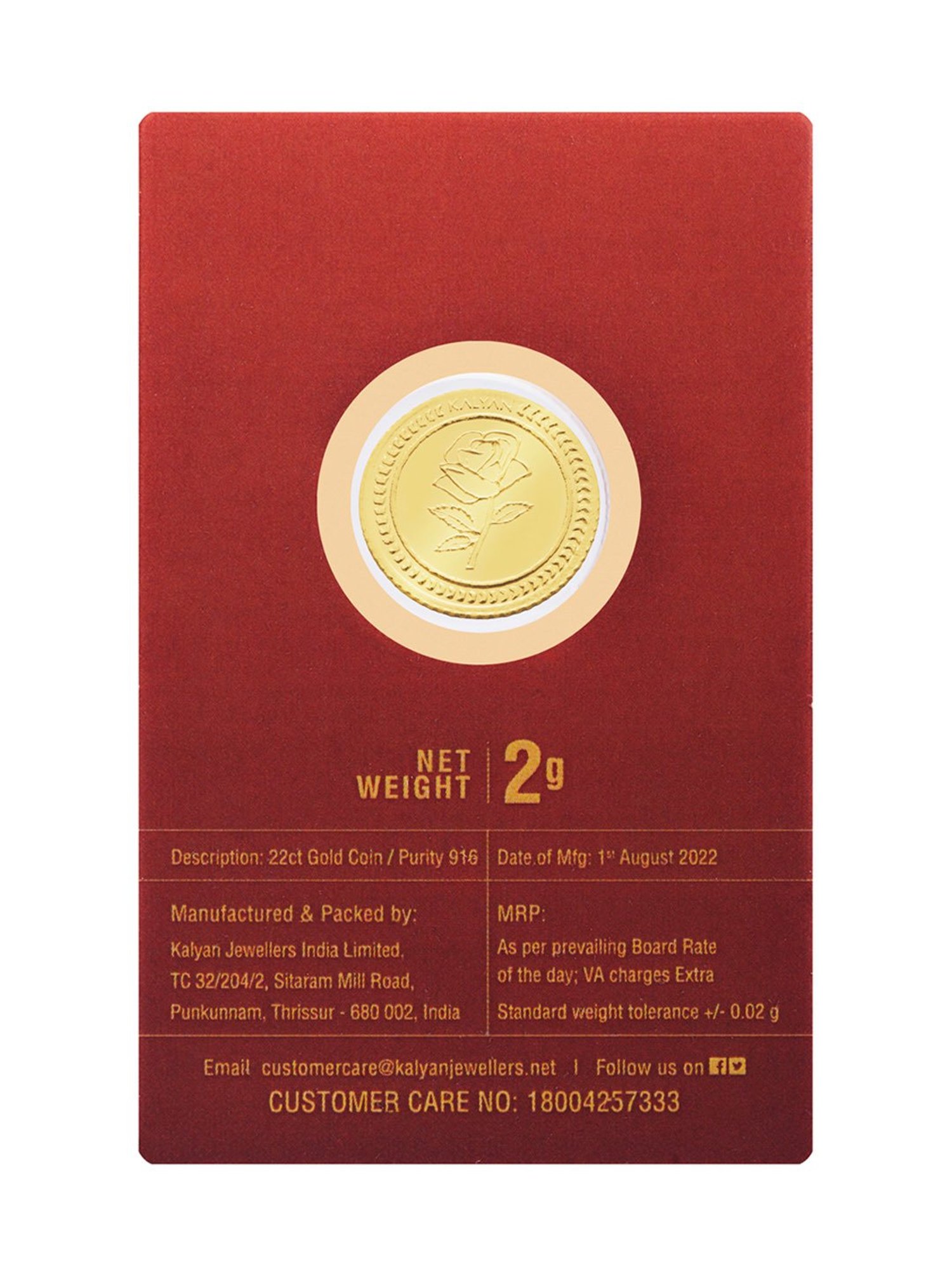 Kalyan Jewellers Rose 22k (916) 2gm BIS Hallmarked Gold Coin