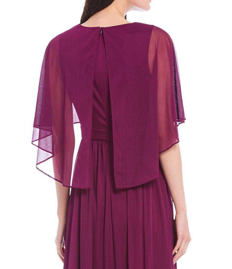 Jessica Howard Petite Size Matte Jersey Chiffon Beaded Waist V-Neck Caplet Gown