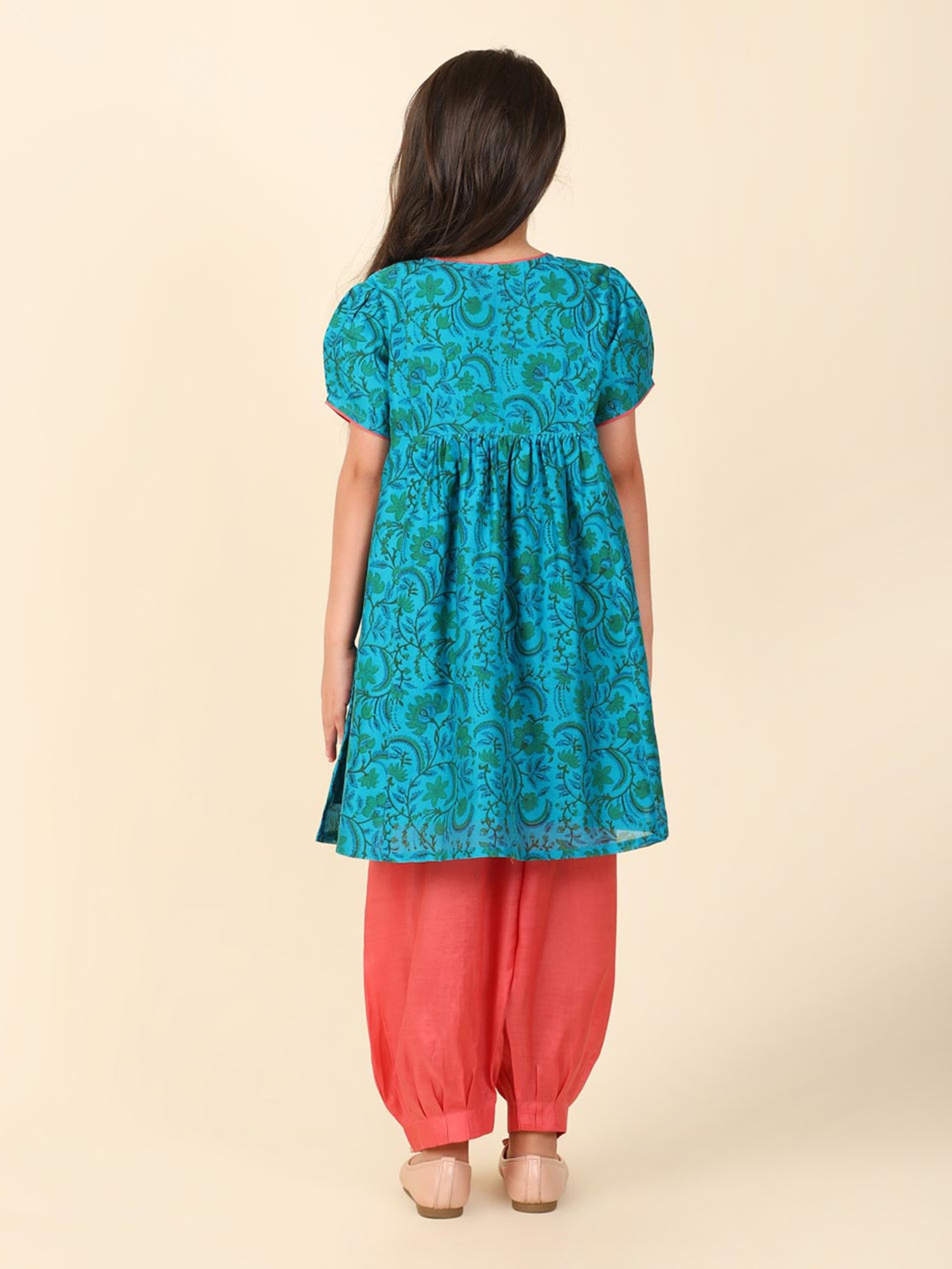 Fabindia Kids Teal & Coral Floral Print Kurta, Salwar With Dupatta