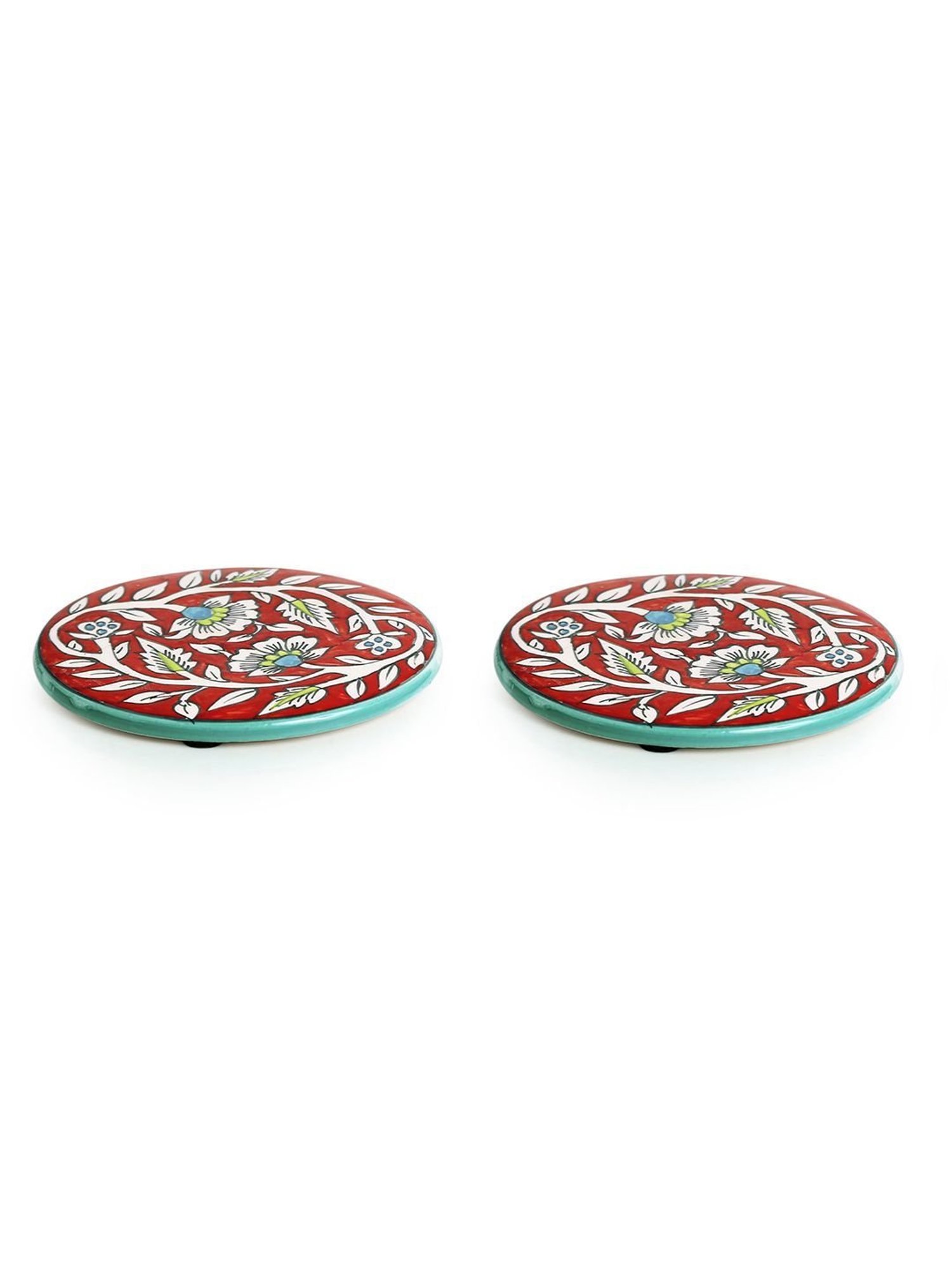 ExclusiveLane Floral Hand-painted Trivets In Ceramic (Set of 2)