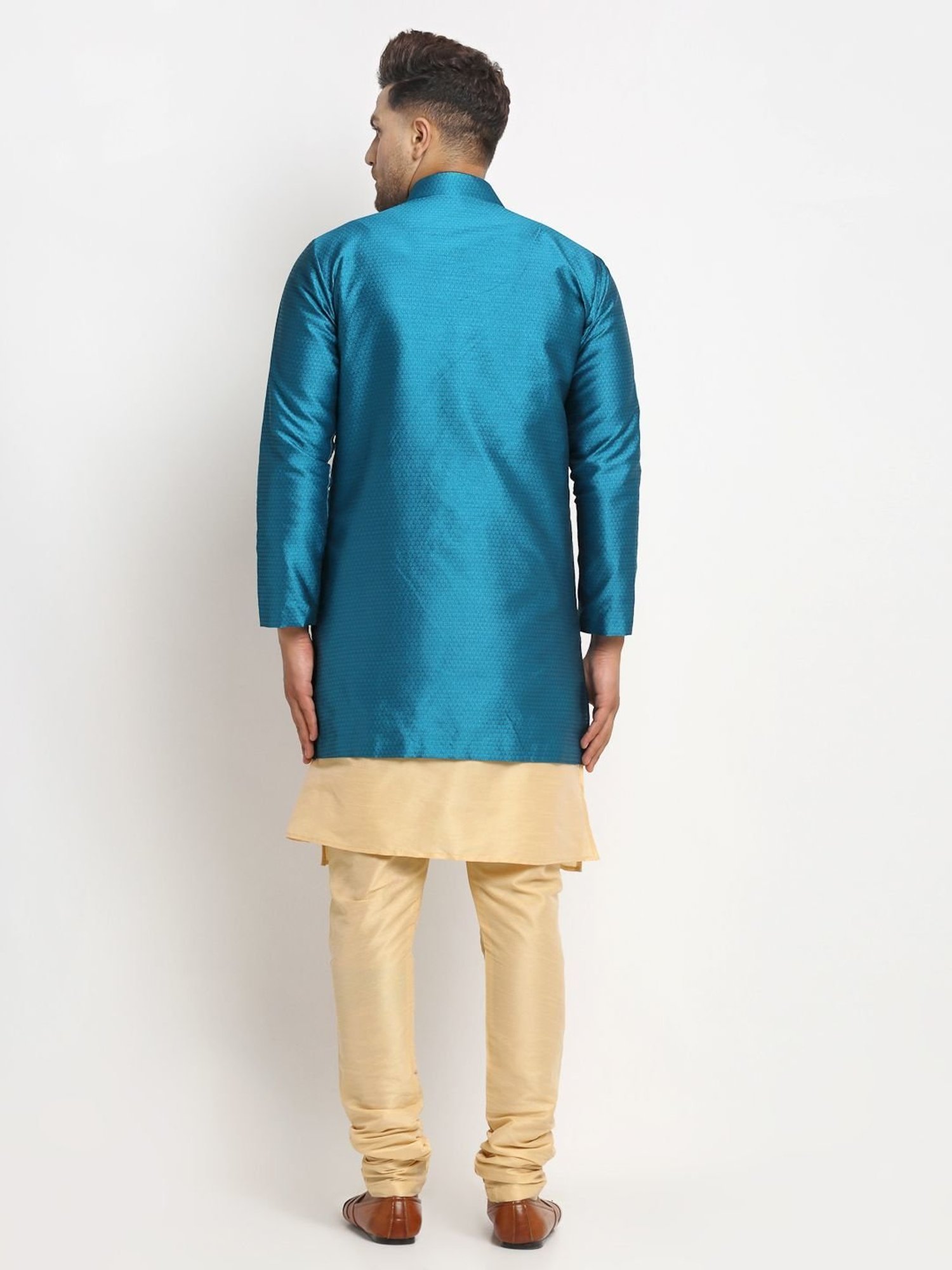 Benstoke Gold & Peacock Blue Regular Fit Self Pattern Kurta Set With Jacket