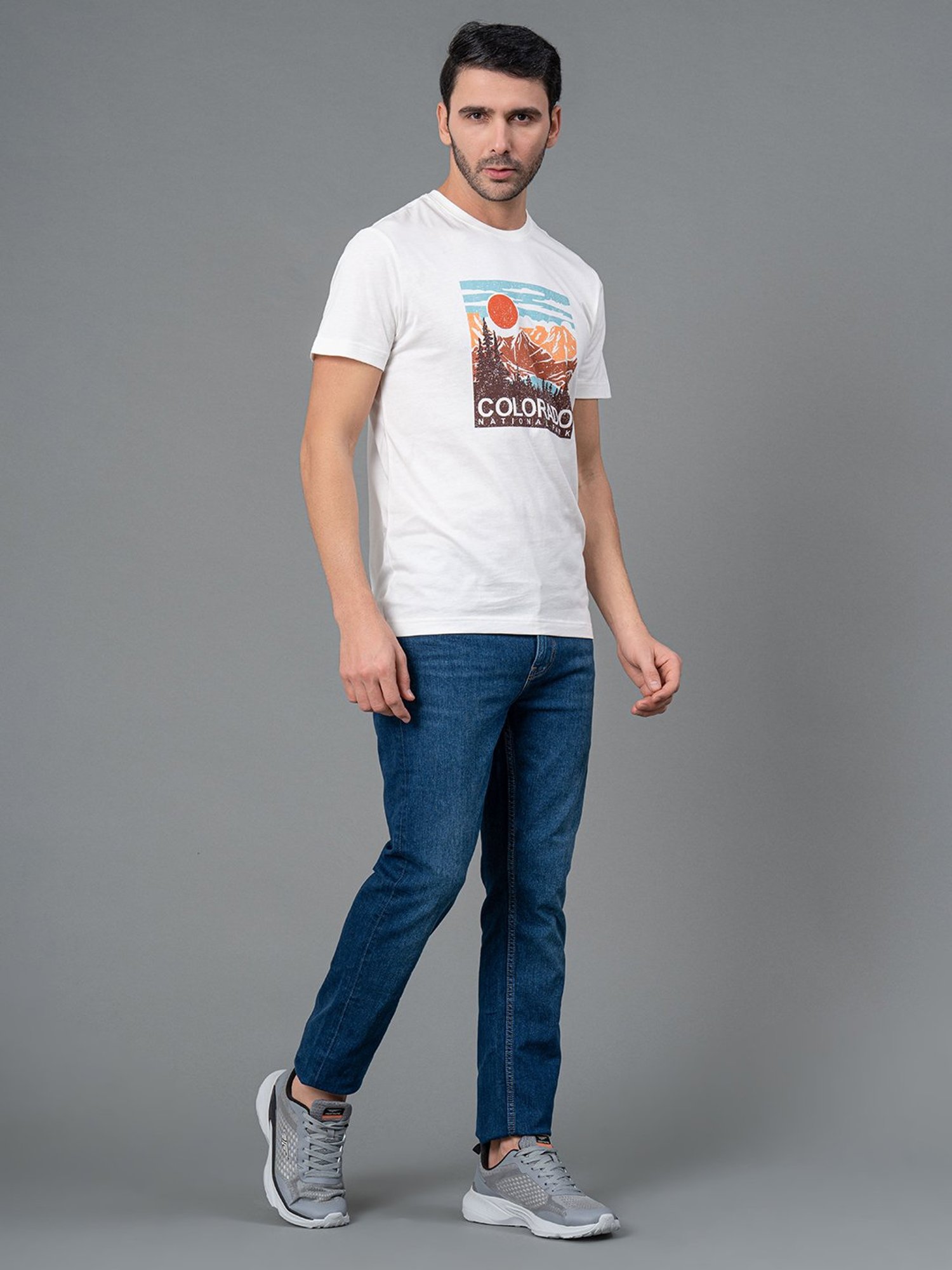 Red Tape White Regular Fit Graphic Print Cotton Crew T-Shirt