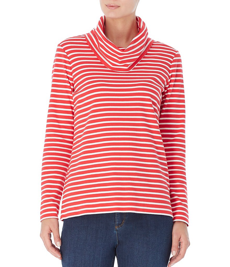Jones New York Cotton Knit Jersey Horizontal Stripe Print Cowl Neck Long Sleeve Top