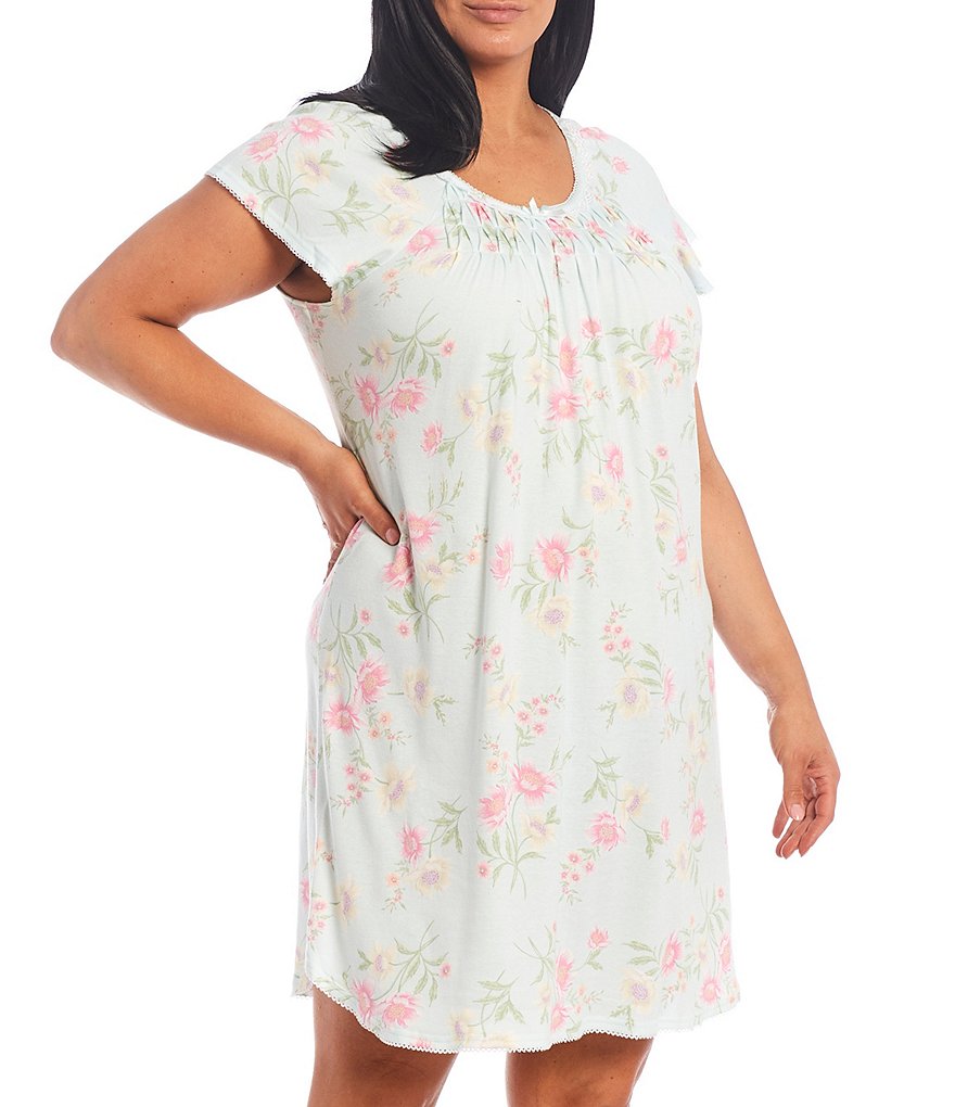 Miss Elaine Plus Cottonessa Floral Print Knit Short Nightgown