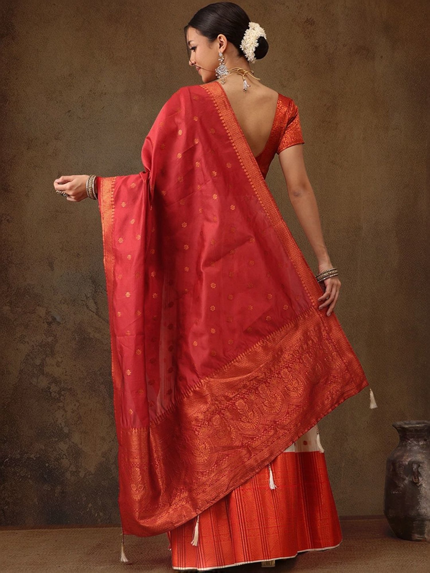 Silk Land Beige & Red Woven Pattern Semi Stitched Lehenga Choli Set With Duppata