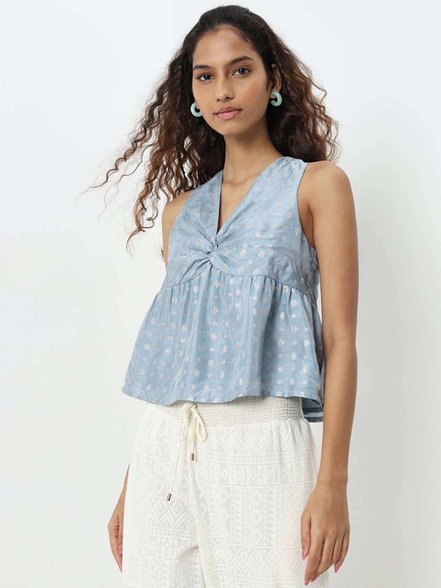 Bombay Paisley by Westside Light Blue Embellished Knot-Detailed Top