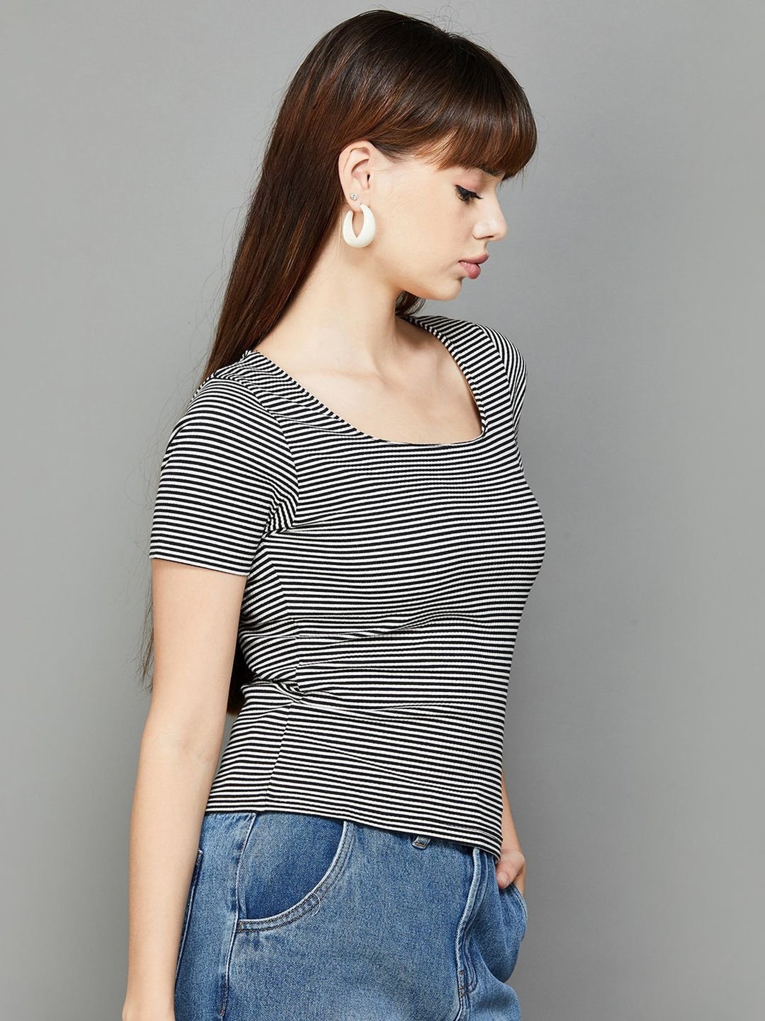 Ginger by Lifestyle White & Black Cotton Striped Top